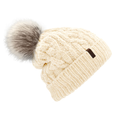 Pudus Women's Winter Beanie Hat in White with Faux Fur Pom Pom - Cable Knit Chenille and Fleece Lined