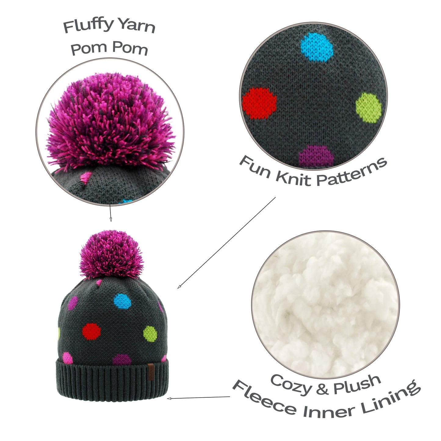 Polka Dot Pom Pom Beanie Hat - Adult