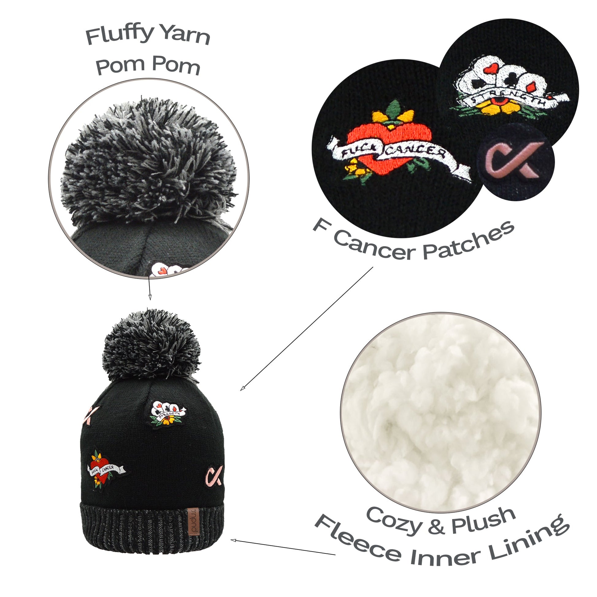 Pudus x F Cancer Unisex Winter Beanie Hat in Multi Patch - Fluffy Pom Pom & Warm Fleece Lined Cancer Awareness Chemo Hats