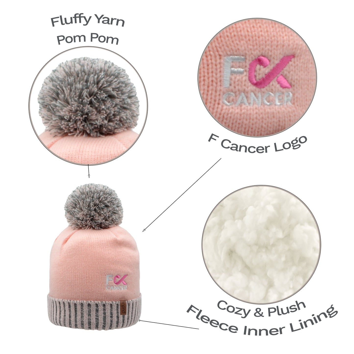 Pudus x F Cancer Unisex Winter Beanie Hat in Pink - Fluffy Pom Pom & Warm Fleece Lined Cancer Awareness Chemo Hats