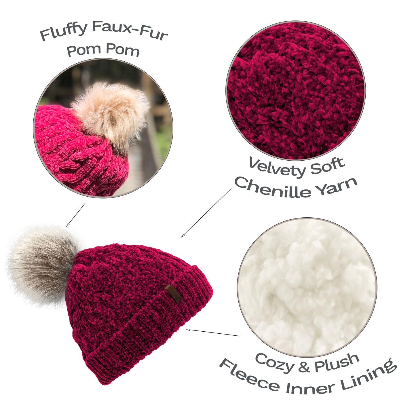 Raspberry Chenille Cable Knit - Beanie Hat Adult